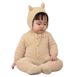 Combinaison bébé pyjama fourrure avec bonnet à oreilles de chat