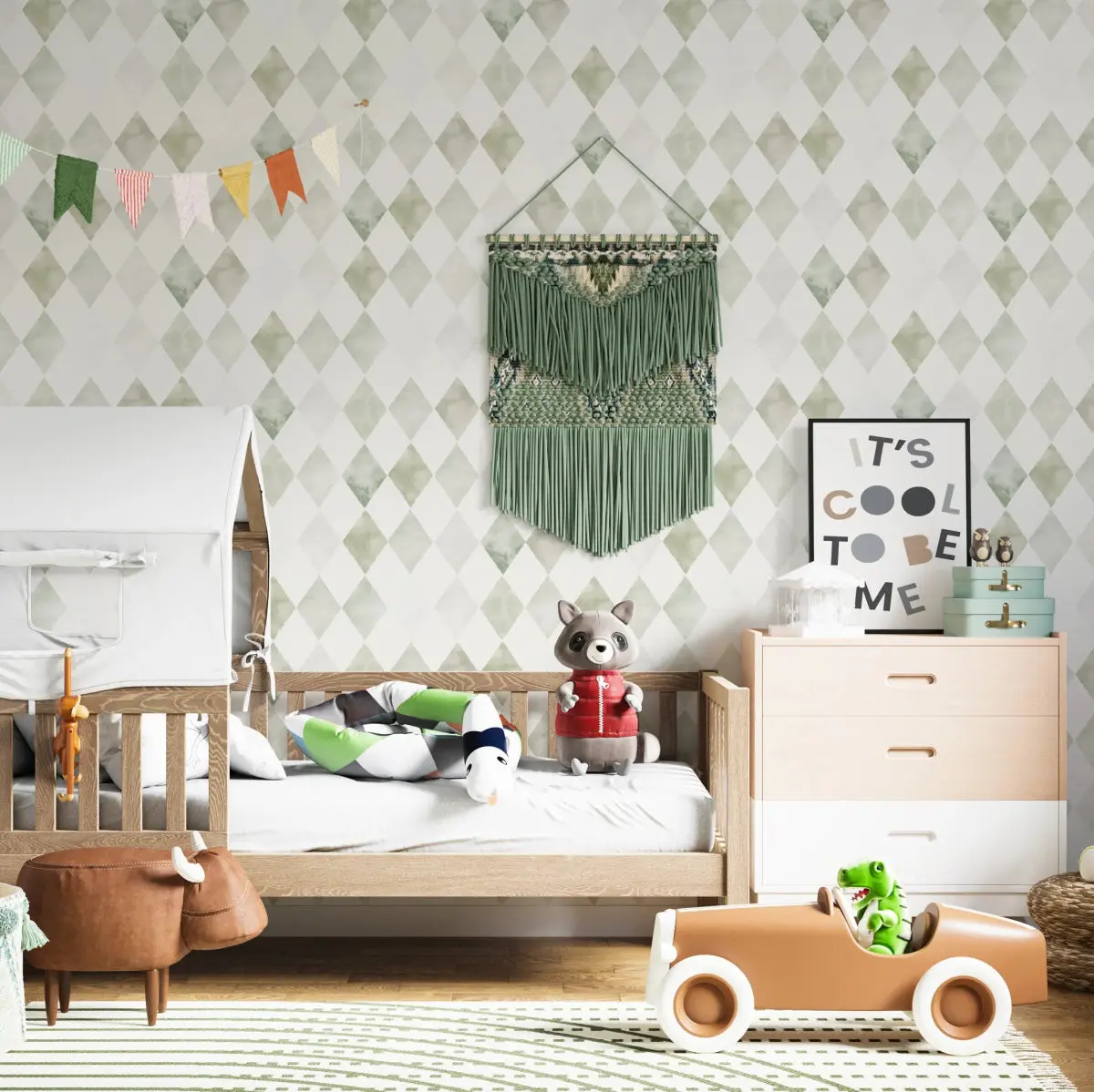 Papier Peint Chambre Enfant à Motif Répété - Aquarelle Harlequin | Vert