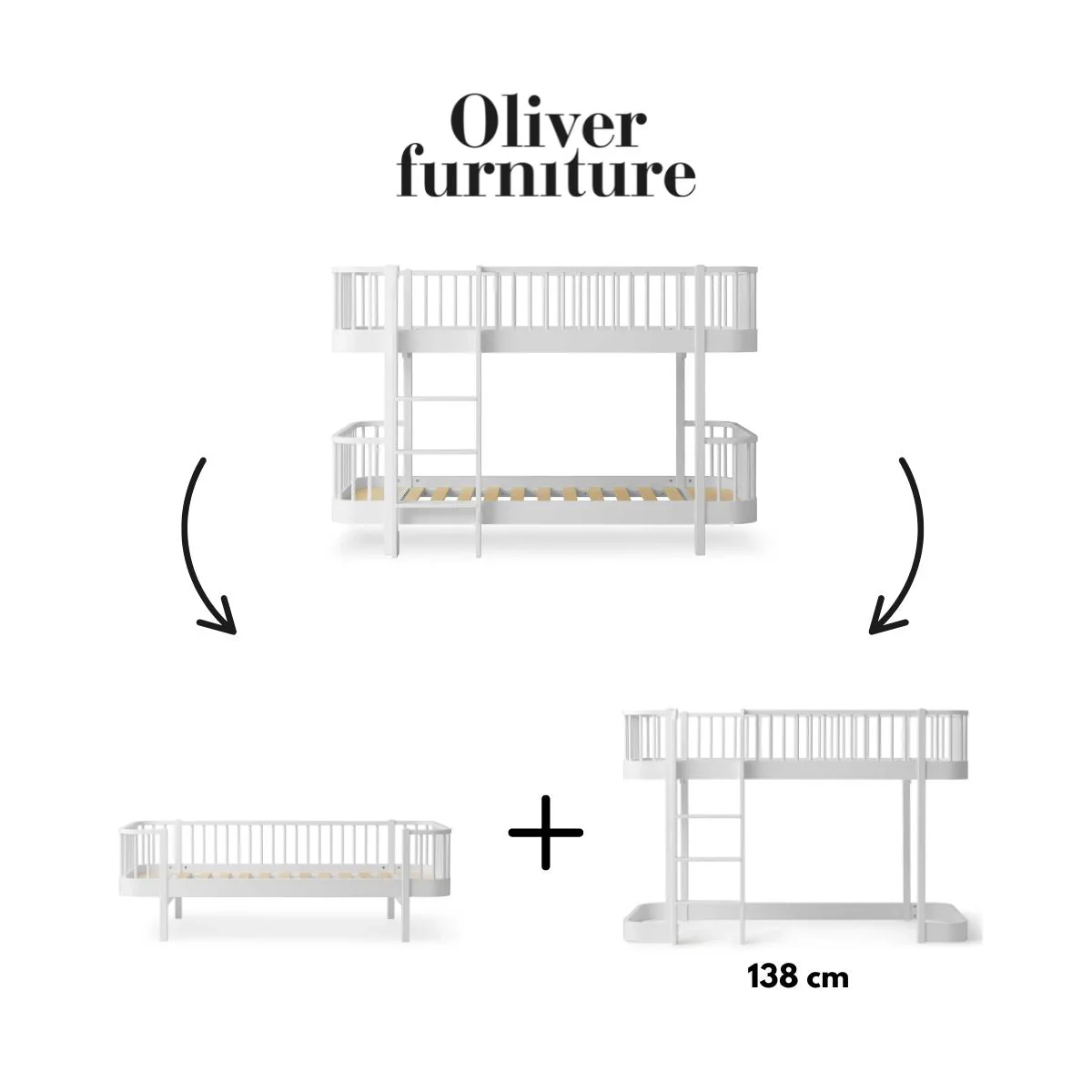041774 - Kit De Conversion Original, Lit Superposé Mi-haut - En 1 Lit Banquette Et 1 Lit Mezzanine Mi-haut 138 Cm, Blanc