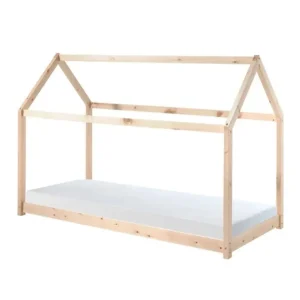 Lit Cabane Bois Naturelle Avec Matelas 90 x 200 cm