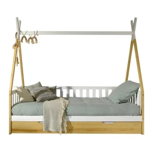 Lit Tipi Avec Barrière & Tiroir Gigogne Naturel 90x200cm