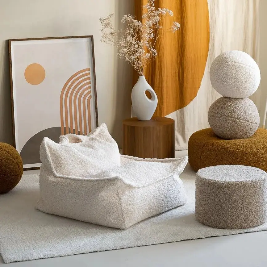 Fauteuil Pouf Blanc Crème Molletonné – Image 2